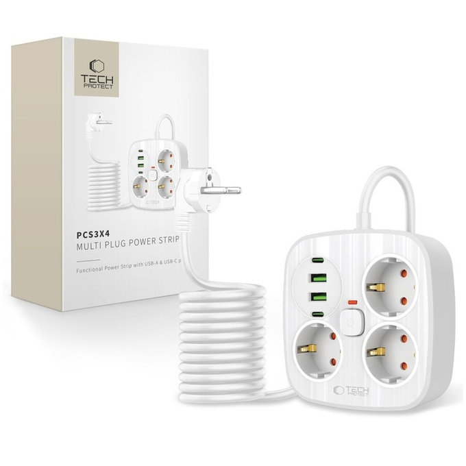 Мрежово зарядно PCS3X4 Power Strip 2 USB & 2 USB-C & 3 Socket 200cm, бяла, Tech-Protect