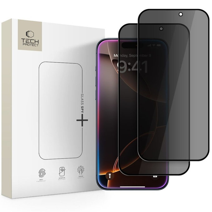Privacy закалено стъкло Glass Spy+ 2-PACK за iPhone 16 Pro / 17 / 17 Pro, privacy, Tech-Protect