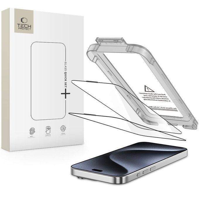 Закалено стъкло Quick Set+ 2-PACK за iPhone 15 Pro, черна, Tech-Protect