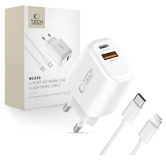 Мрежово зарядно NCA30 2-PORT PD 30W / QC3.0 + Lightning Cable, бяла, Tech-Protect