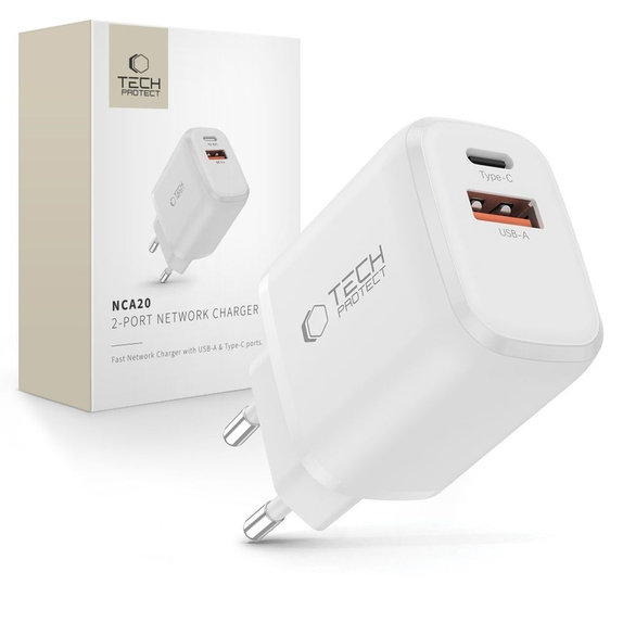 Мрежово зарядно NCA20 2-PORT PD 20W / QC3.0, бяла, Tech-Protect