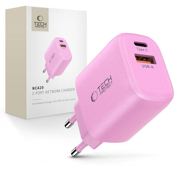 Мрежово зарядно NCA20 2-PORT PD 20W / QC3.0, Baby Pink, Tech-Protect
