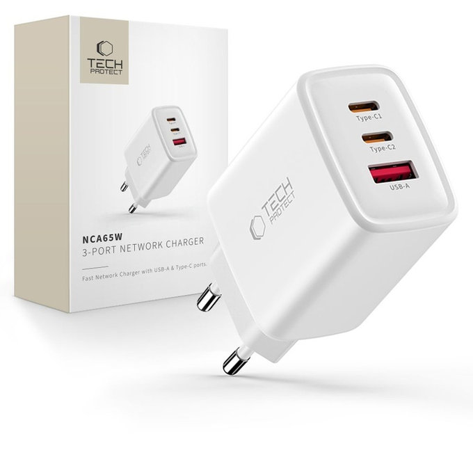 Мрежово зарядно NCA65W-GAN 3-PORT PD 65W / QC3.0, бяла, Tech-Protect