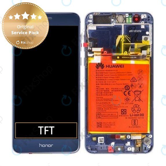 дисплей за Huawei Honor 8, Тъчскрийн и рамка с батерия, 02350USN, 02350USM, Sapphire Blue, Genuine Service Pack
