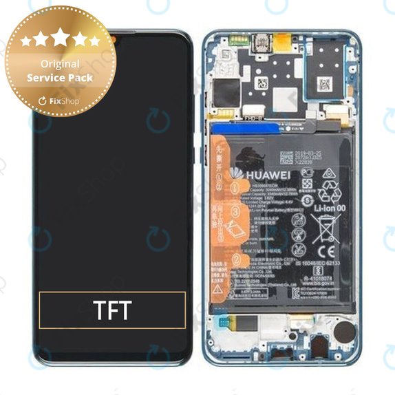 дисплей за Huawei P30 Lite, Тъчскрийн и рамка с батерия, 02352RQA, Peacock Blue, Genuine Service Pack